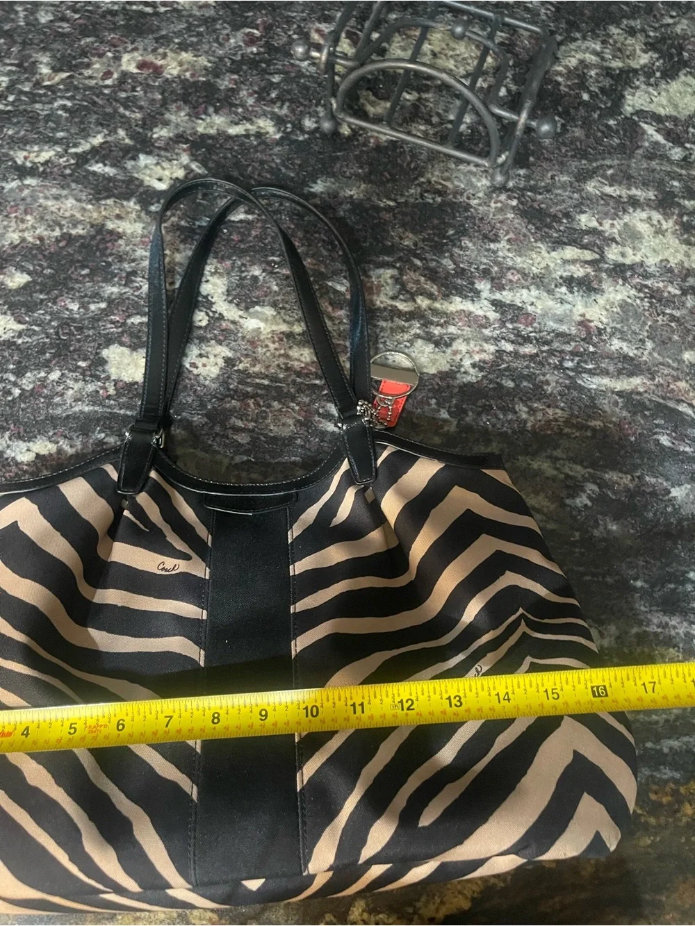 Coach Black and Cream Zebra-Print Devin Patent Leather Shoulder Tote